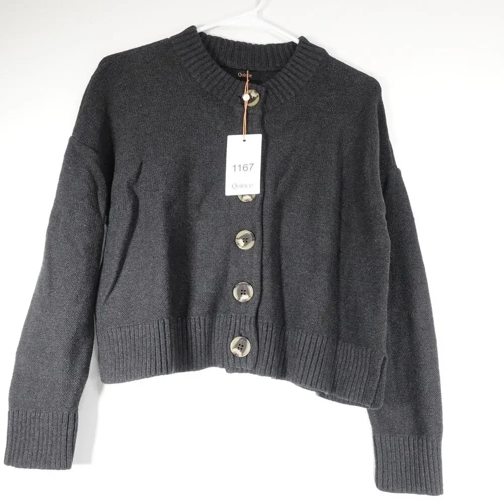 New Quince Women's XS Organic Cotton Cropped Cardigan Charcoal Gray Preppy Retro